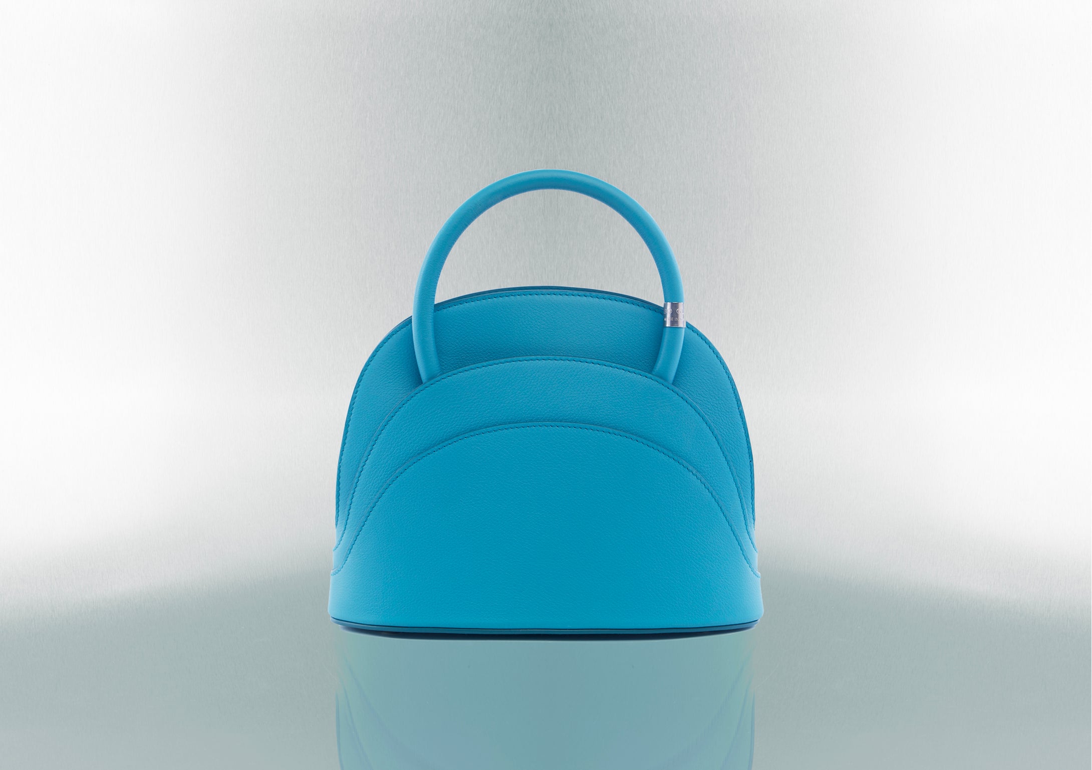 Gabo Guzzo Millefoglie M mini handbag in Tropea blue calfskin and palladium plated hardware. One-of-a-kind creation embellished with fine jewellery and handcrafted in Italy.