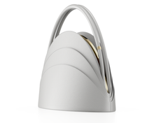 Load image into Gallery viewer, Medium Millefoglie handbag. Light Pisa-grey calfskin and malachite gemstone. 18k gold-plated jewellery accents.