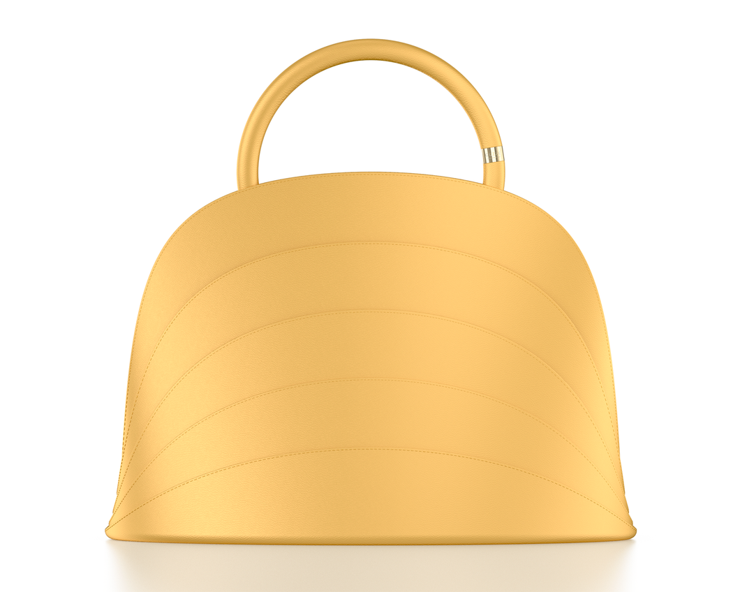 Millefoglie J handbag. Saffron-yellow calfskin and malachite gemstone. Gold-plated accents.