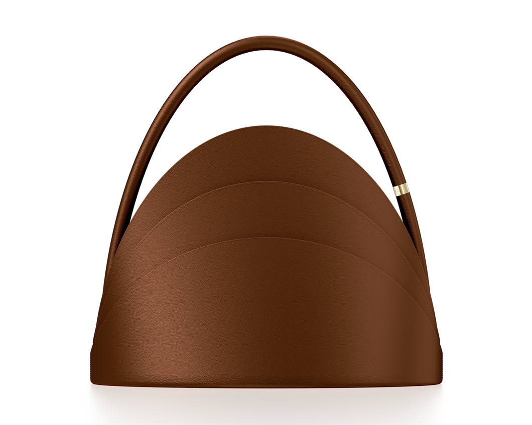 Medium Millefoglie handbag. Siena brown calfskin and malachite gemstone. Gold-plated accents.