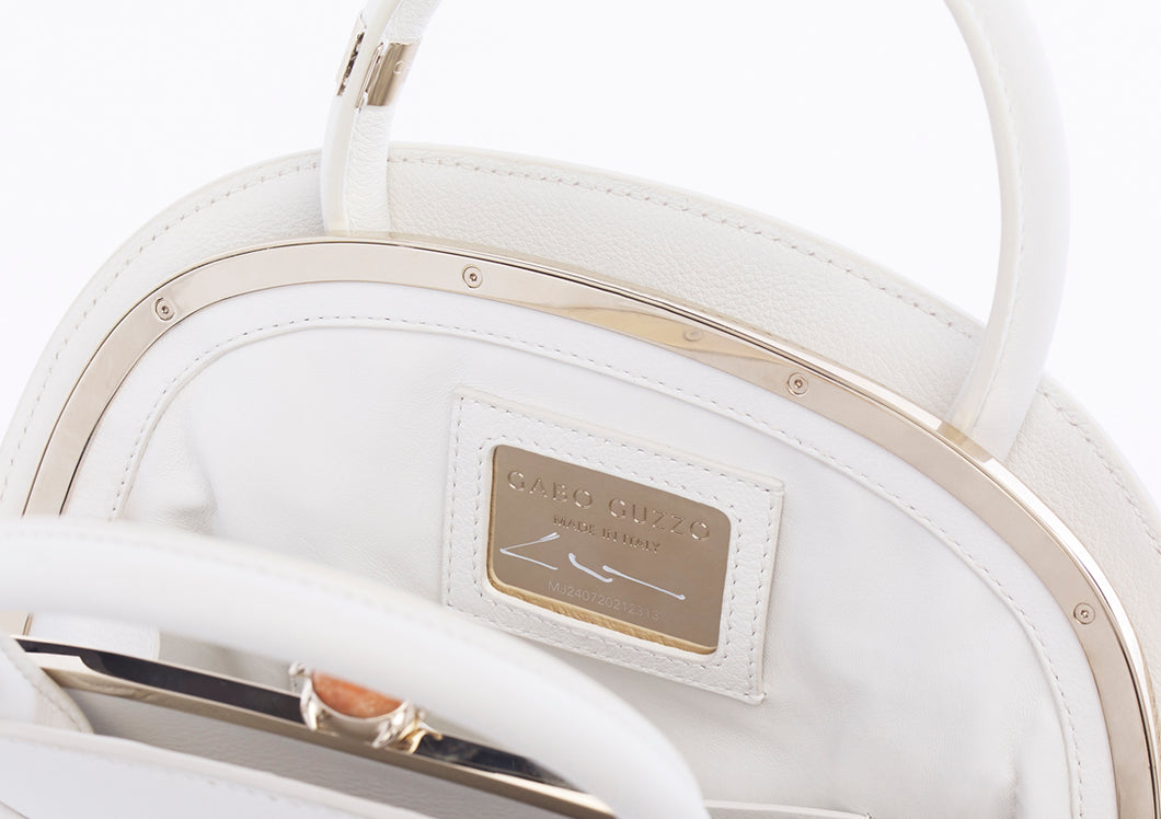 Gabo Guzzo Millefoglie J handbag in white calfskin and gold plated hardware. One-of-a-kind creation embellished with fine jewellery and handcrafted in Italy.