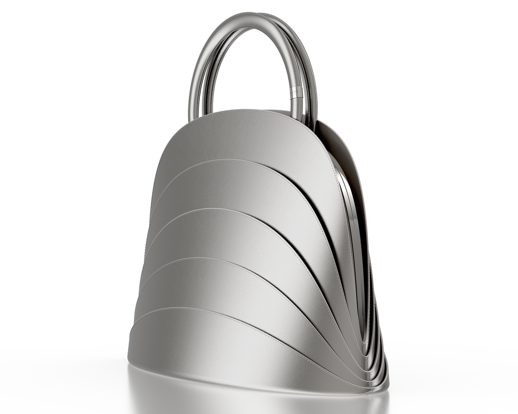 Millefoglie J handbag. Silver calfskin and red tiger's eye gemstone. Palladium-plated jewellery accents.