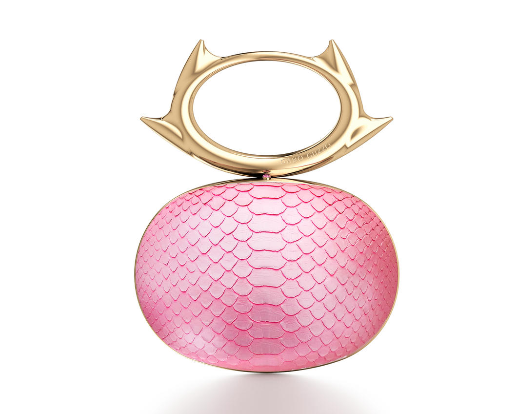 Spinosa clutch bag. Rose-pink python skin and pink sapphire gemstone